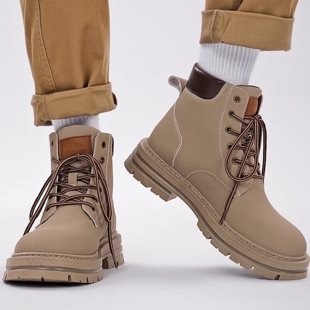 Koonexy Mens Beige Winter Boots Faux Fur Lined Lace Up Lug Sole Sz 12